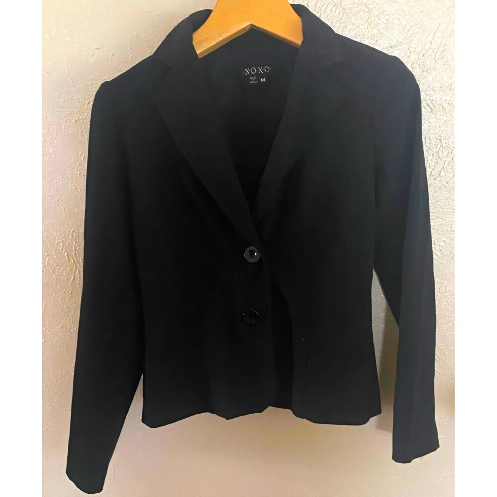 XOXO Black Blazer Women's M Two Button Fitted Peplum Stretch Career Jacket Y2K